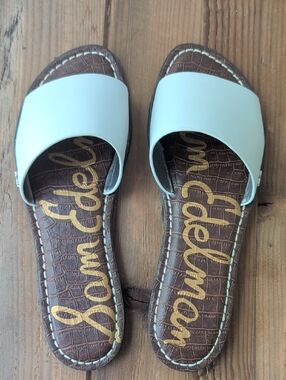 Sam Edelman Women's White Leather Slide Sandals with Brown Croc Footbed